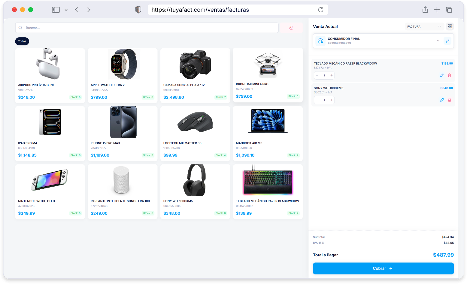 Panel de ventas y métricas de Tu Factura Ya