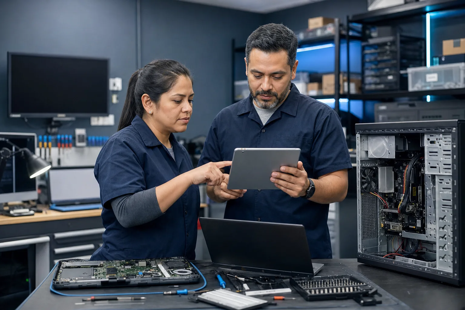 Técnicos informáticos revisando una reparación y sus componentes